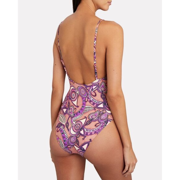 ALC Cleo Orange Rose Multi Graphic Plunge V-Neck One Piece Swimsuit, Size S - Picture 3 of 12